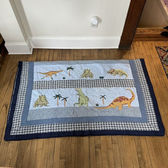 Pottery Barn Kids Twin Dinosaur Quilt Blue Denim Plaid Patchwork Rare - Picture 9 of 9
